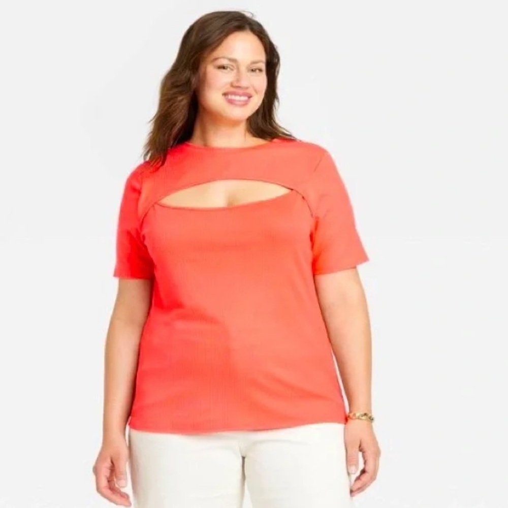 AVA & VIV Ribbed Cutout Top Coral Orange Short Sleeve Casual Shirt 4X